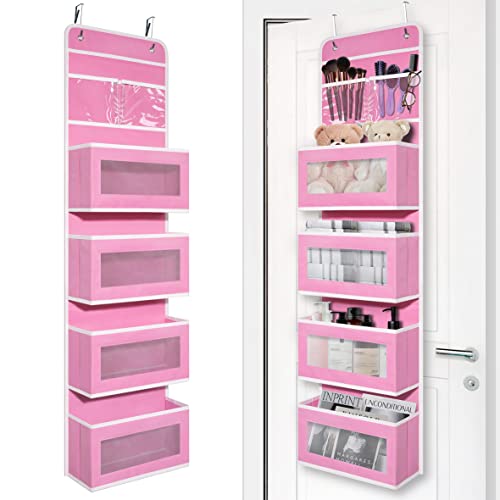 Pink Over Door Organizer with 4 Large Clear Pockets Hanging Storage