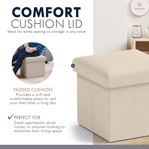 Small Square Storage Ottoman, Foldable Linen Cube Foot Rest, 12x12x12 Inch
