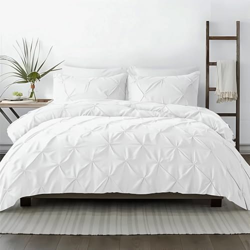 Queen Size Pinch Pleated Duvet Cover - 100% Egyptian Cotton, 600 Thread Count, Zipper Closure, 90" x 90" (White)