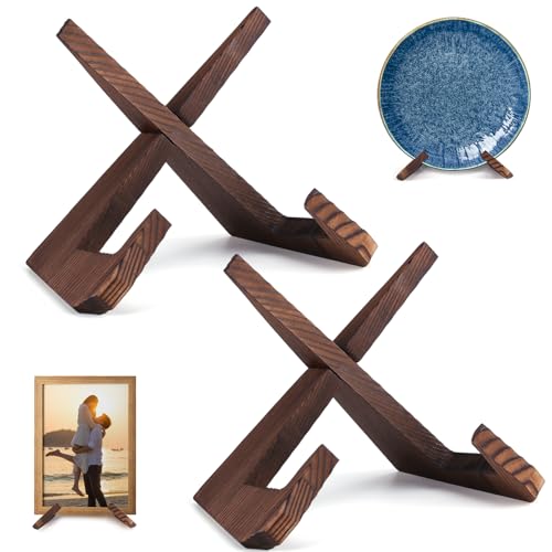 2-Pack Wooden Plate Stand for Display, Rustic Tabletop Easel for Pictures