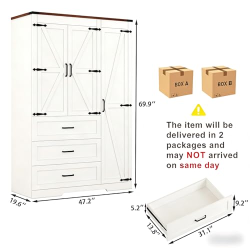 3-Door Bedroom Armoire Wardrobe with Drawers and Adjustable Shelves