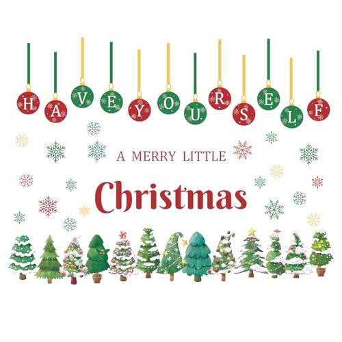 Have Yourself a Merry Little Christmas Double-Sided Window Decal Pine Trees Snowflakes Holiday Sticker