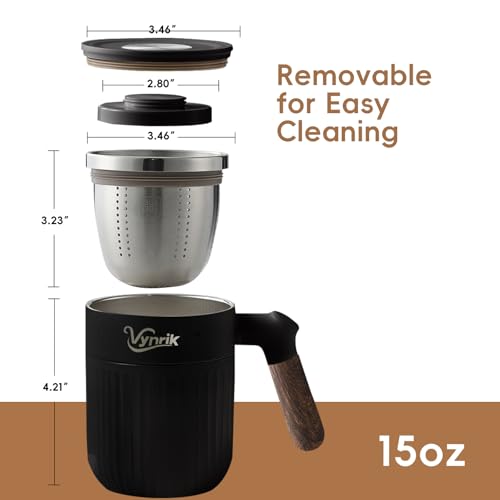 Vynrik Black 15oz Insulated Tea Infuser Mug with Stainless Steel Strainer & Lid