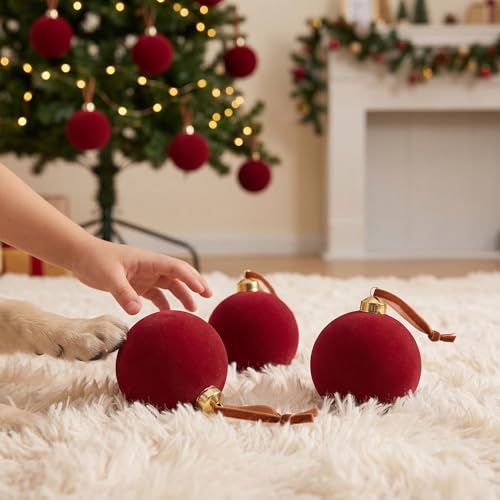 Nhohobiy 15Pcs Burgundy Red Velvet Christmas Tree Ball Ornaments, 2.65in Flocked Xmas Balls - Red / 15Pcs