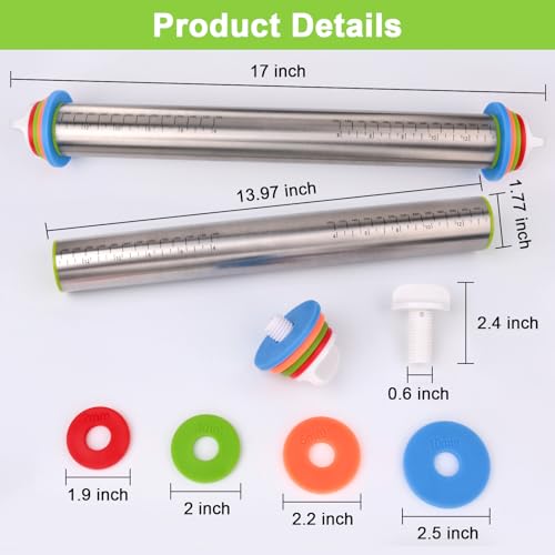 Adjustable Stainless Steel Rolling Pin with Thickness Rings for Baking - 17 Inch