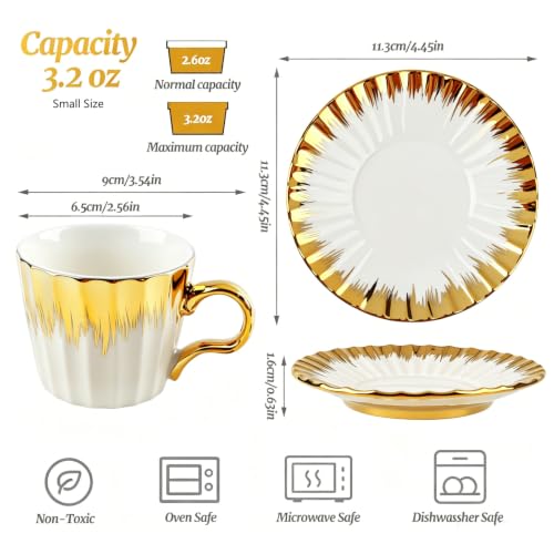 Hebaogugu Gold Trim Espresso Cup Set of 6 3.5 OZ Ceramic Turkish Coffee Cups with Saucers - 01/100ml