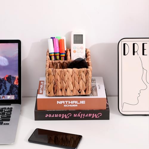 3-Compartment Wicker Remote Control Holder - Hand-Woven Water Hyacinth Desk Organizer