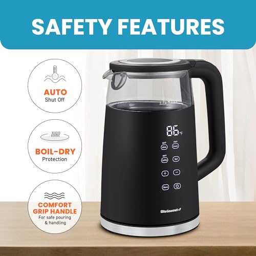 Elite Gourmet 1.8 Quarts Dual-Wall Cool-Touch Electric Tea Kettle with Touchscreen