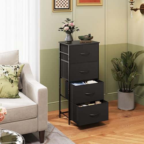 4-Drawer Fabric Storage Dresser Tower, Small Nightstand - Charcoal Black