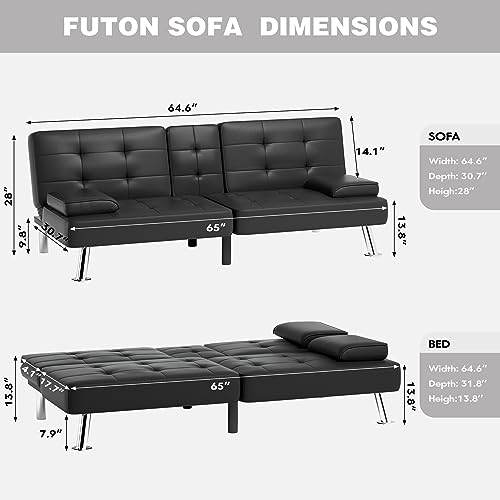 Modern Faux Leather Futon Sofa Bed with Adjustable Backrest and Cup Holders