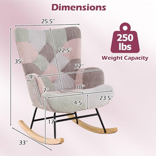Boucle Upholstered Rocking Chair with High Backrest and Side Pocket