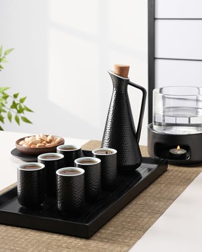 ZENS Black Sake Set with 6 Cups & Warmer - 13 oz Hot Sake Tea Ceremony
