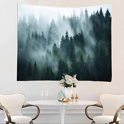 Green Foggy Forest Wall Tapestry - Misty Pine Woodland Decor (80" x 60")