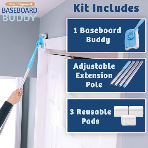 Extendable Baseboard & Wall Cleaner Tool with 3 Reusable Microfiber Pads