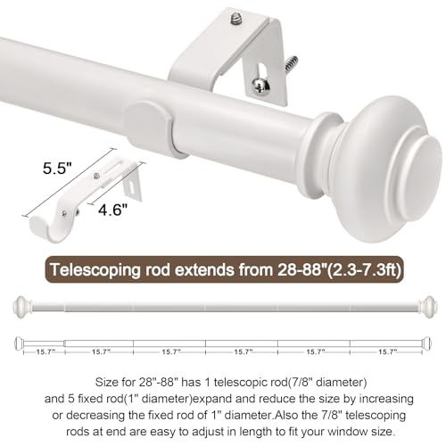 Adjustable White Curtain Rod Set 28 to 88 Inches, Heavy Duty Window Drapery