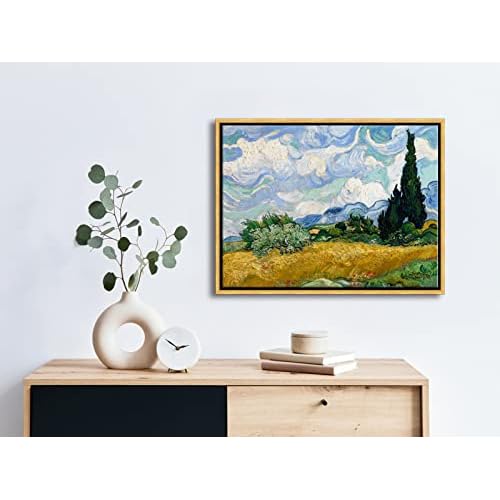 Wieco Art Framed Wall Art of Wheat Field with Cypresses by Vincent Van Gogh Paintings Reproduction Abstract Canvas Prints for Home Living Room Decorations Bronze Gold Frame