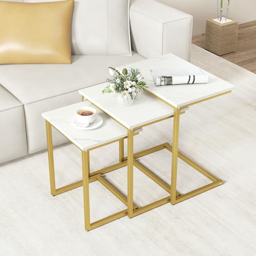 GOFLAME Gold & White Faux Marble Nesting Coffee Tables Set of 3 - Modern C-Shaped Side Tables for Living Room & Bedroom