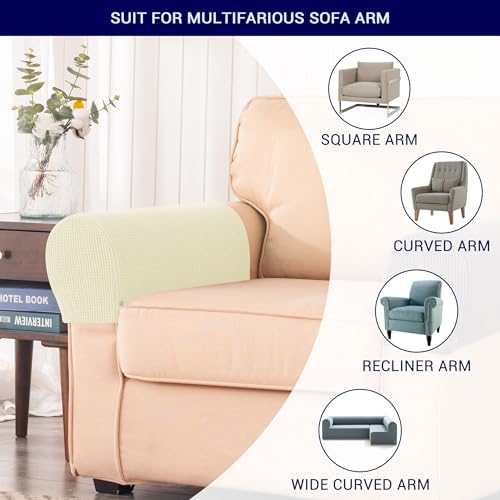 Stretch Couch Armrest Covers Set of 2 - Checkered Sofa Slipcovers, Ivory