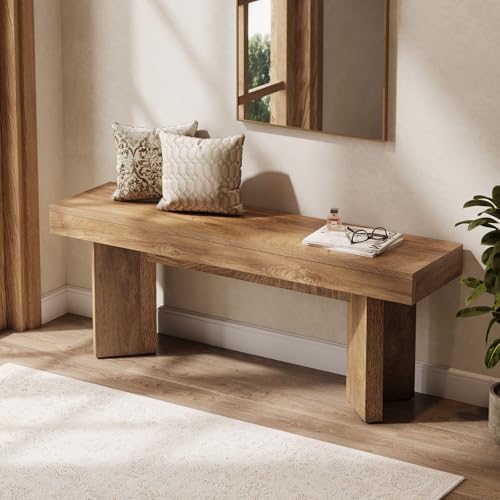 47-Inch Wooden Entryway Bench, Farmhouse Rustic Brown Bedroom Bench