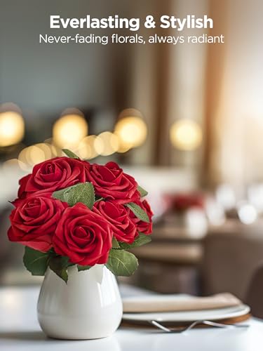 50 Pcs Dark Red Artificial Foam Roses with Adjustable Stems