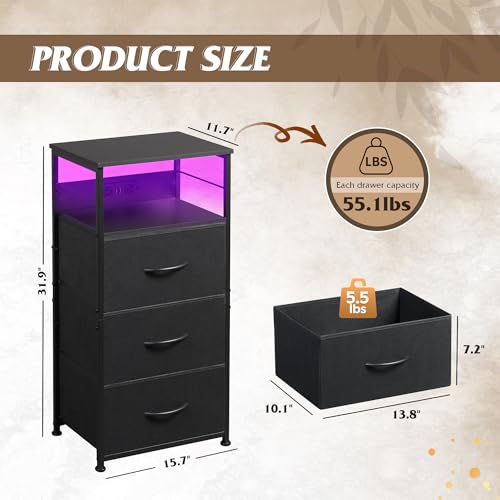3-Drawer LED Nightstand with Charging Station, Bedside Table with USB Ports
