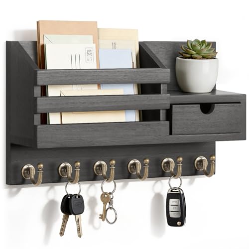 Rustic Farmhouse Wall Key Holder with Drawer and 6 Hooks for Entryway
