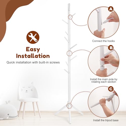 Adjustable Kids Coat Rack Stand - 9-Hook Beech Wood Freestanding Tree