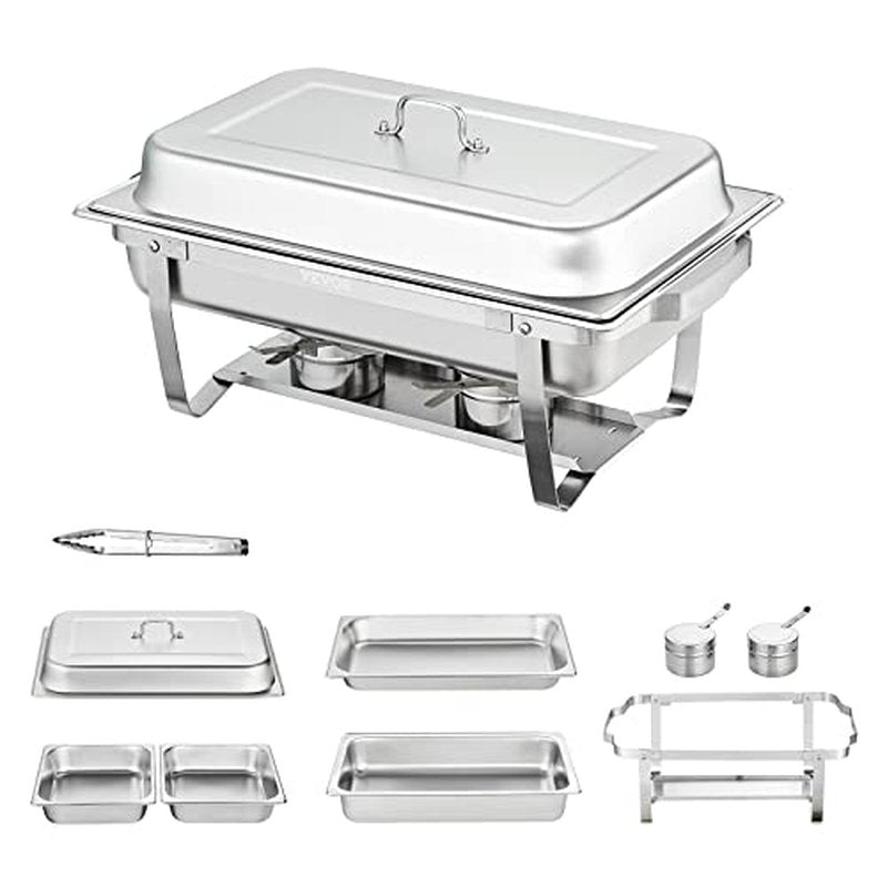 VEVOR Chafing Dish Buffet Set, 8 Qt 2 Pack, Stainless Steel Chafer with 2 Full Size Pans, Rectangle Catering Warmer Server with Glass Lid Water Pan Folding Stand Fuel Holder, for Wedding Party Banquet