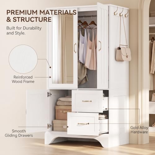 3-Door Wooden Wardrobe Armoire with Mirror, Hanging Rod and Drawers