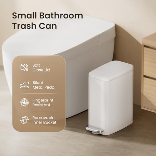 Slim Bathroom Trash Can with Lid, Soft Close Stainless Steel 6L