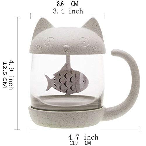 BigNoseDeer White Cat Tea Cup with Fish Infuser 8oz - Cute Mug for Loose Leaf Tea