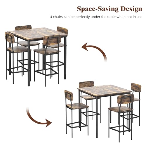 5-Piece Industrial Dining Table Set with 4 Stools, Rustic Space Saving
