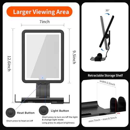 Suupvaor Black Heated Fogless Shower Mirror for Shaving 9.5x7in, Rechargeable