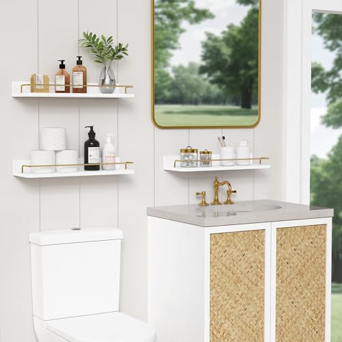 Floating Wall Shelves Set of 3 White and Gold with Guard Rail