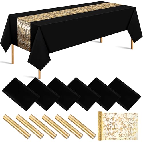 Black 12-Piece Rectangle Tablecloth and Sequin Gold Table Runner Set - Peryiter