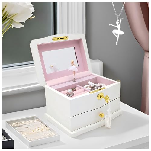 Wooden Musical Jewelry Box with Spinning Ballerina, Mirror and 2 Drawers