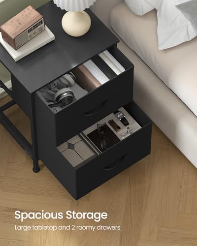 Modern 2-Drawer Nightstand, Bedside End Table with Steel Frame, Black