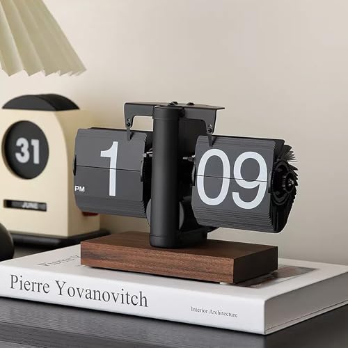 Retro Digital Flip Down Clock with Walnut Base - Mechanical Desk Clock