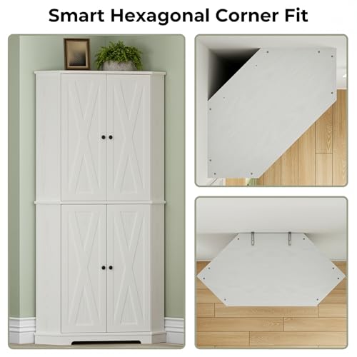 72-inch Farmhouse Corner Pantry Cabinet with Adjustable Shelves, White