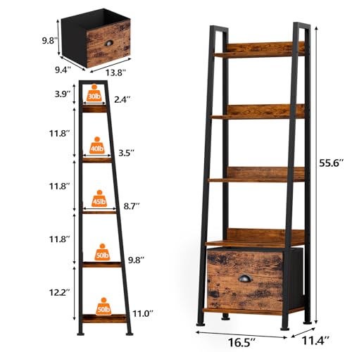 5-Tier Industrial Ladder Shelf with Fabric Drawer, Rustic Wood Bookshelf