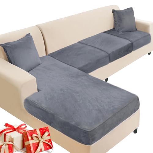 L-Shape Sectional Couch Cover Set - 4-Piece Velvet Slipcovers with Pillowcases - Dark Grey