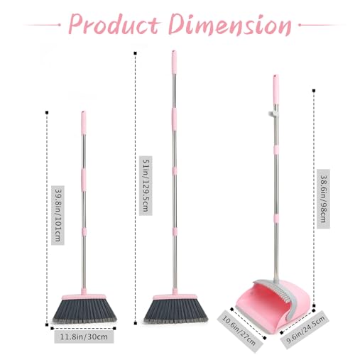Long Handle Broom and Dustpan Set with Self-Cleaning Comb Teeth, Pink Gray
