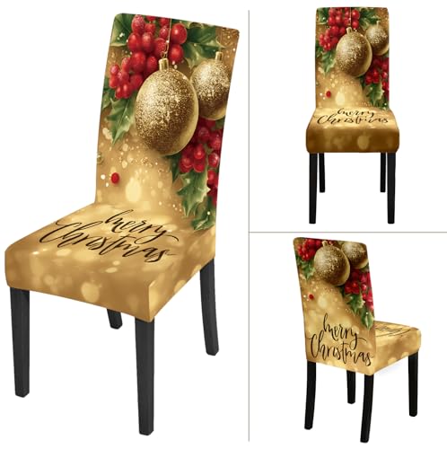 LEIWEIHOPE Merry Christmas Chair Covers Set of 4 - Stretchable Red Slipcovers with Santa & Floral Trim, 19-24" Back, 15-19" Seat (Variation 25)