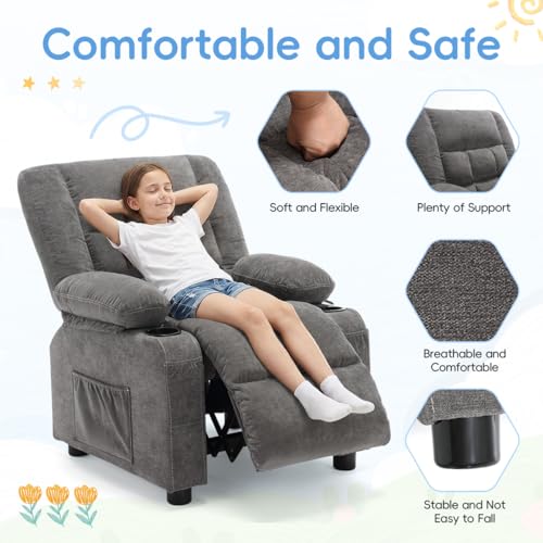 Kids Recliner Chair with Cup Holders and Side Pockets, Adjustable Toddler Sofa
