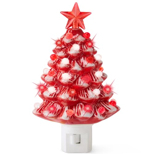 Red Ceramic Christmas Tree Nightlight - Hand Painted Holiday Decor, Plug-in Night Lamp, 6.7in