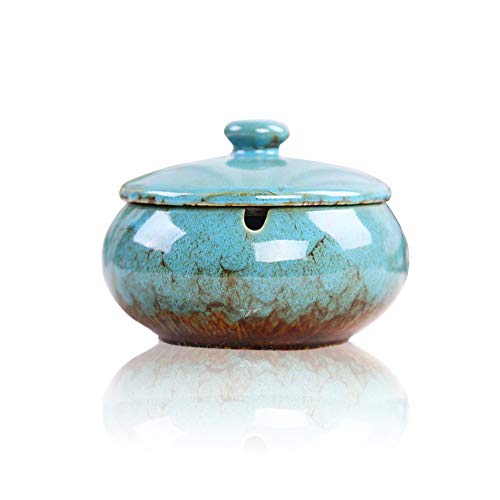 Ceramic Ashtray with Lid - Windproof Desktop Cigarette Ash Tray, Blue