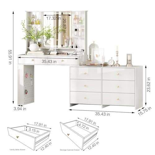 Makeup Vanity Desk with Lighted Mirror, 8 Drawers and Power Outlet, White