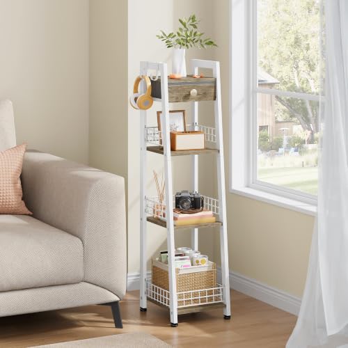 3-Tier Narrow Bathroom Ladder Shelf with Storage Drawer and Hooks, White