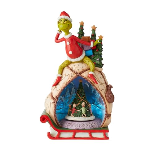 Animated Grinch Figurine with Rotating Scene and LED Lights - 11.5 Inch Collectible Christmas Decor