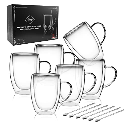 LIBWYS 6 Pack Double Walled Borosilicate Glass Coffee Cups 12oz with Spoons